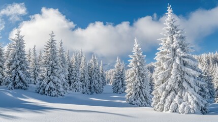 Fototapeta premium A serene winter landscape showcasing snow-covered trees and a clear blue sky. with distant mountains visible. perfect for evoking tranquility in seasonal imagery