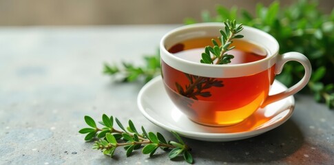 Aromatic thyme tea in a warm mug, light stone background , cup, hot tea