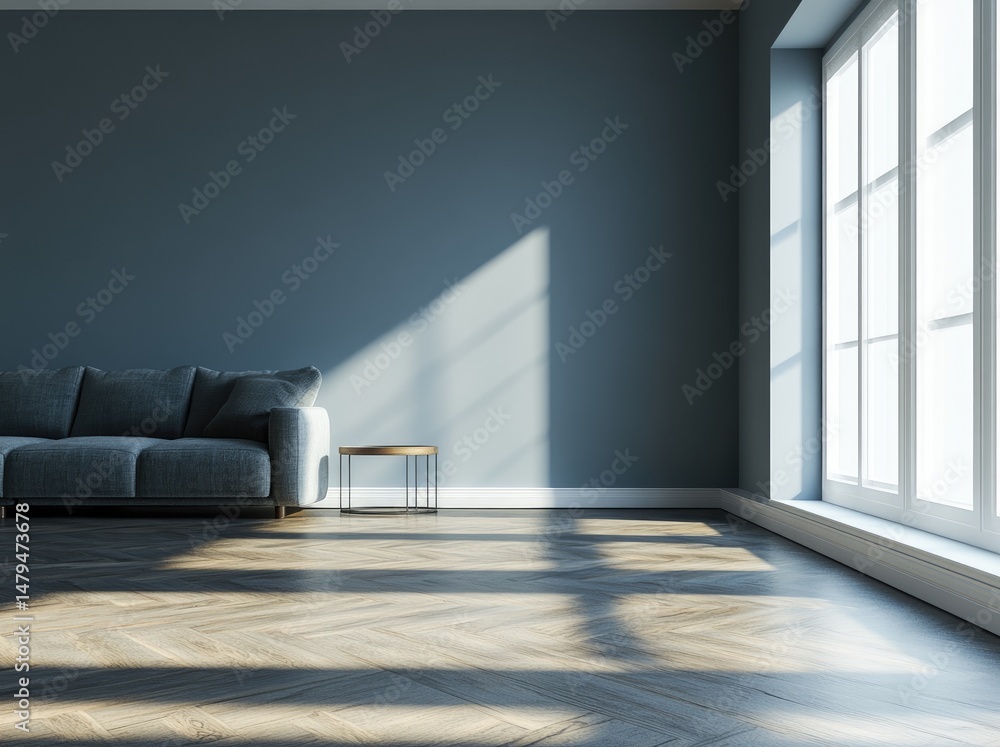 Poster a serene interior living space featuring a modern white sofa and a round coffee table. illuminated b