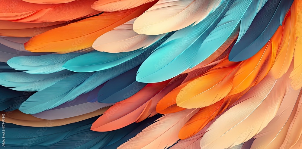 Poster a serene abstract composition of delicate feathers in soft hues of blue and orange. creating a tranq