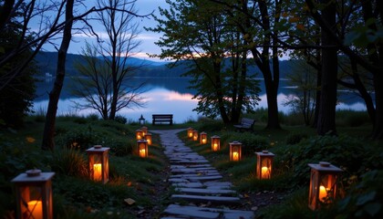 a trail of lanterns leads down to a peaceful lakeside at dusk.