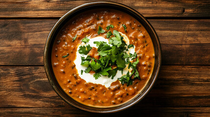 Dal makhani garnished with coriander leaves top view