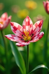 Obraz premium Checkered petals, vibrant green backdrop Spring bloom close-up , flower detail, top view