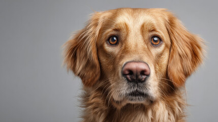 Golden retriever dog with soft expression, facing camera in photography studio setting, showcasing its beautiful golden fur and soulful eyes