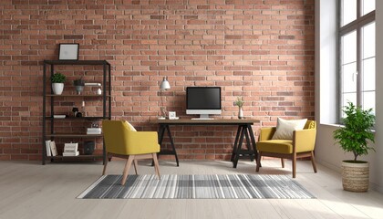 Modern home office interior with a brick wall, an industrial style desk and armchairs