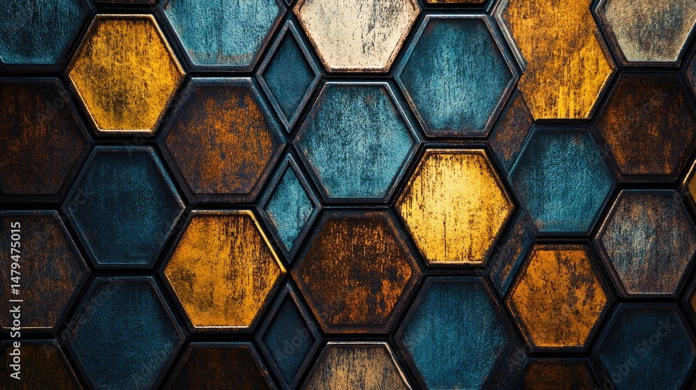 Poster a close-up view of a vibrant hexagonal tile wall featuring a mix of blue and yellow tones. showcasin