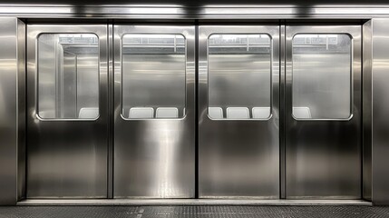 Close up of metallic train doors reflecting ambient light in symmetrical composition