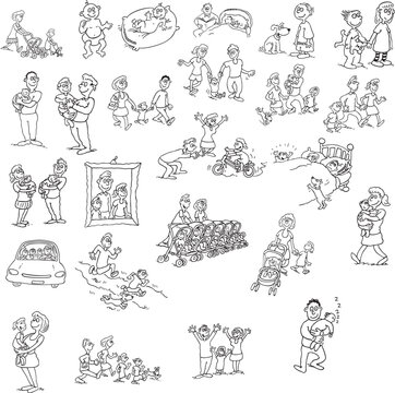 a set of drawings of people and animals,