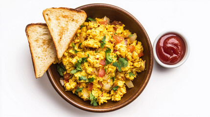 Anda bhurji served with bread and ketchup on white background