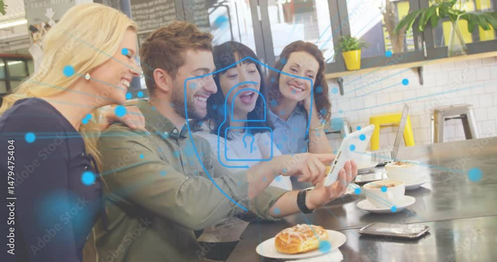 Aufkleber group of marketers pointing at tablet in cafe, showing security padlock icon with nodes overlay