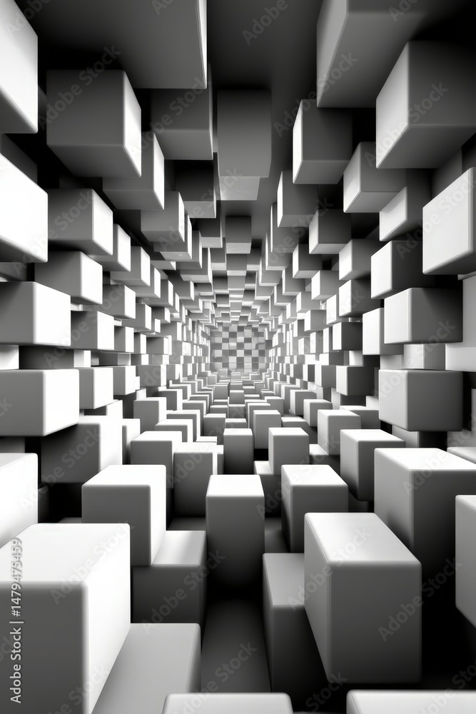 Poster Infinite Loop of White Cubes Creating Depth and Perspective Visuals
