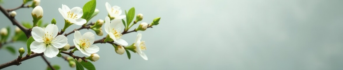 Obraz premium Grey backdrop, green branches, white blossoms Eco summer vibe , skincare, spa