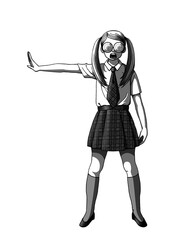 丸メガネの女子学生キャラクター｜白黒モノクロイラスト