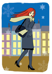 マフラーを巻いて寒そうに歩く女の子のイラスト｜冬の街角のワンシーン