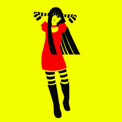 黒髪ロングヘアの女の子と黄色背景｜赤いワンピースのポートレート風イラスト