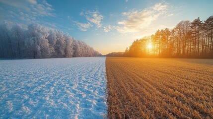 Obraz premium Winter meets autumn, frosty trees and golden fields