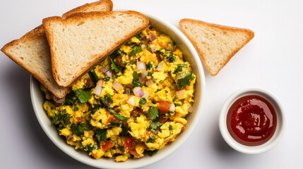 Top view of egg bhurji served with bread and ketchup