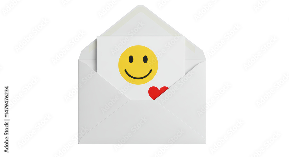 Poster isolated happy smiley face in an open envelope with a heart
