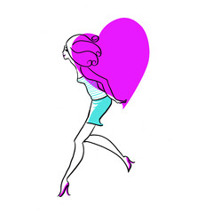 大きなハートを背負い楽しそうに歩く女性のイラスト