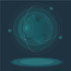Futuristic vector illustration of a young woman scientist in a white lab coat interacting with a glowing holographic globe. Modern technology, innovation, and science concept. Ideal for topics such as