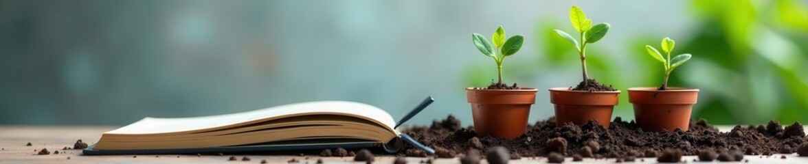 Open notebook, growing seedlings, eucalyptus, pots, gray backdrop ,  texture,  background,  pots