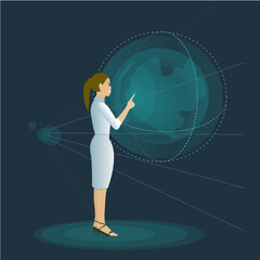 Futuristic vector illustration of a young woman scientist in a white lab coat interacting with a glowing holographic globe. Modern technology, innovation, and science concept. Ideal for topics such as