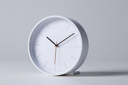 A minimalist white clock with simple black hands and gold accents sits on a light grey surface. The clean design and neutral colors create a calming and serene atmosphere.