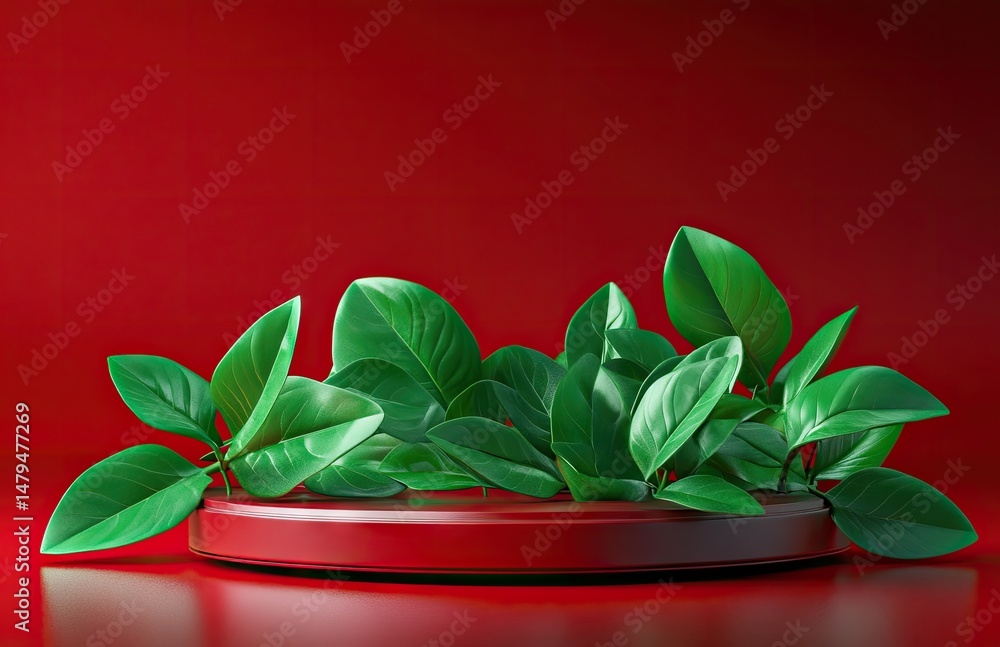 Poster a vibrant red backdrop featuring a circular display platform surrounded by lush green foliage. ideal