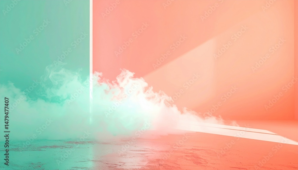 Poster dynamic light patterns and colorful smoke display in modern studio environment