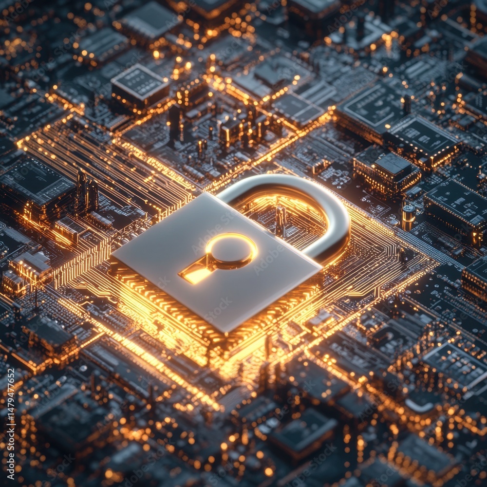 Aufkleber cybersecurity concept padlock on glowing circuit board digital network security technology abstract 
