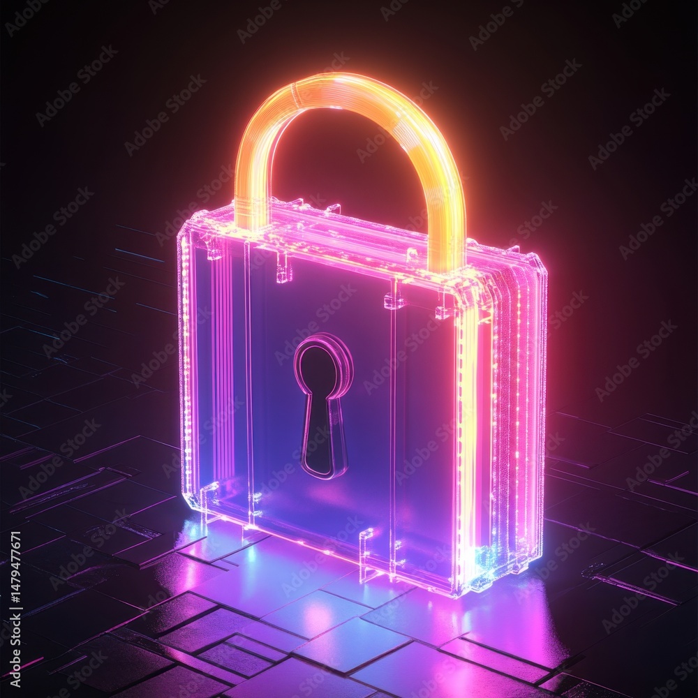 Poster glowing padlock security concept on futuristic surface isometric view digital art style data protect
