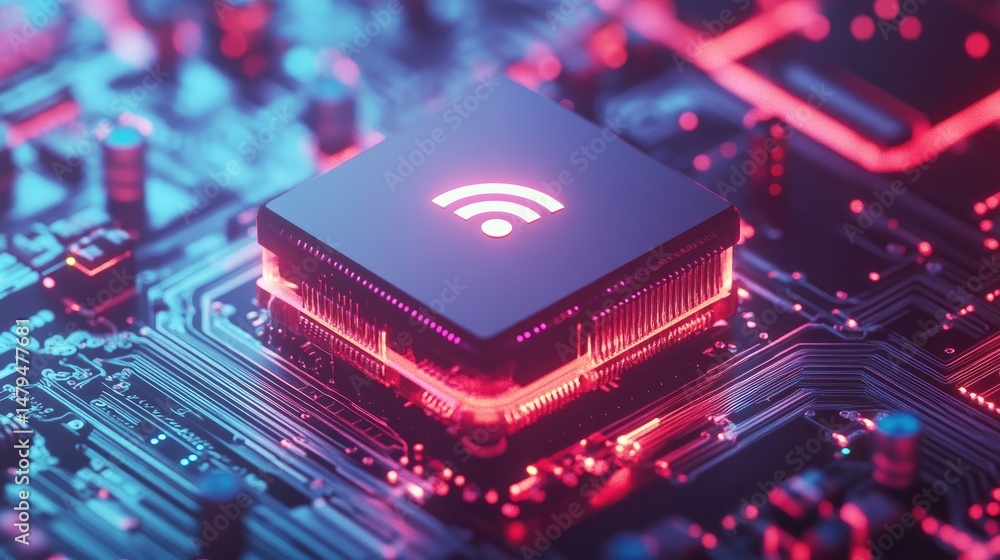 Poster a close-up view of a modern circuit board featuring a glowing wireless signal icon. surrounded by vi