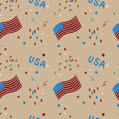 Obraz premium Happy 4th July America Independence Day seamless repeating pattern. Cartoon background with American flag, serpentine inscription USA. Design for holiday, greetings, banner. Flat vector illustration