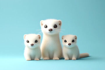 Three adorable ferrets posing together against a soft blue background, showcasing their playful nature