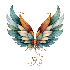 Obraz premium Watercolor wings design of colorful feathers isolated on white background.