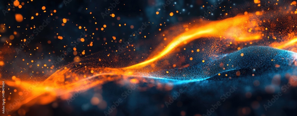 Poster abstract digital waves in vibrant hues of blue and orange. flowing gracefully against a dark backgro