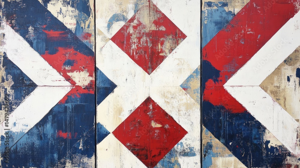 Poster abstract geometric artwork featuring vibrant red. blue. and white shapes creating a dynamic composit