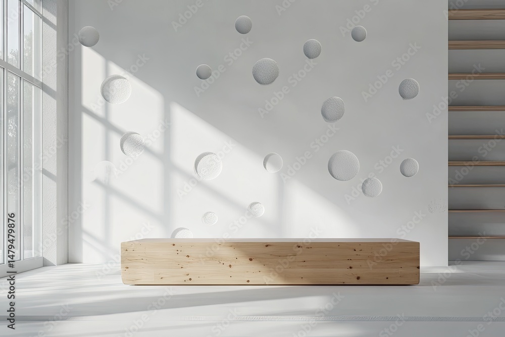Poster modern reception area featuring a stylish wooden desk with geometric design. surrounded by plants an
