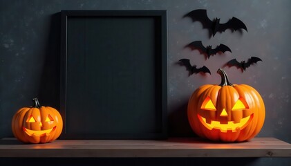 Spooky Halloween shelf still life, jack-o'-lantern, black frame mockup, bats, black, harvest