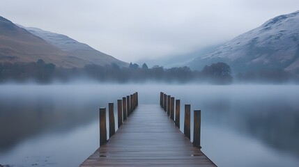 Naklejka premium Misty morning on a tranquil mountain lake.