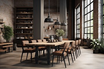 3d render industrial living room dining room with wooden table chair