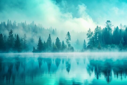 Misty morning scene of a tranquil lake reflecting forest trees and sky background