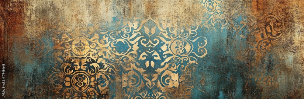 Poster an intricate golden damask pattern on a textured blue and rust background. creating a vintage aesthe