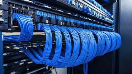 A tangled mass of blue electrical cables and wires densely packed together. creating an intricate web of technology. evoking a sense of chaos in a modern workspace