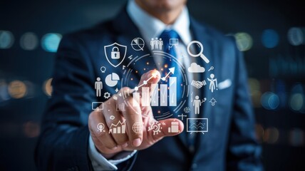 Businessman pointing at a digital growth chart.