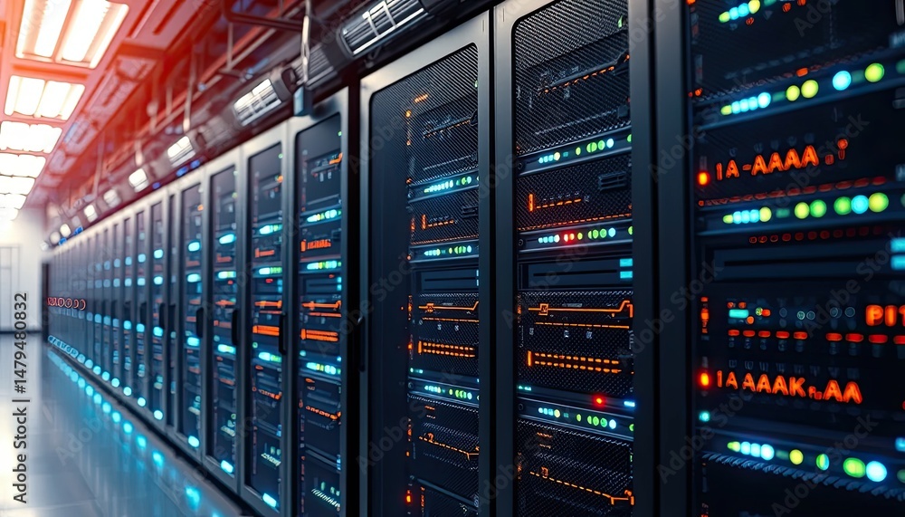 Poster rows of servers in modern data center with glowing lights