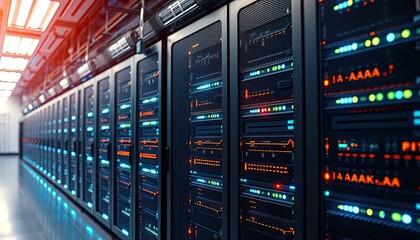 Naklejka premium Rows of Servers in Modern Data Center with Glowing Lights