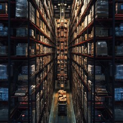 Obraz premium High Angle View of a Modern Warehouse Interior with Rows of Stacked Pallets and a Forklift
