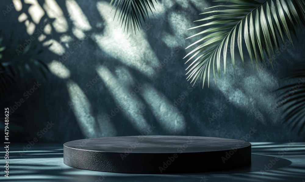 Poster A minimalist circular platform set against a textured background with soft shadows from lush palm leaves. creating a serene atmosphere for product display or artistic presentations