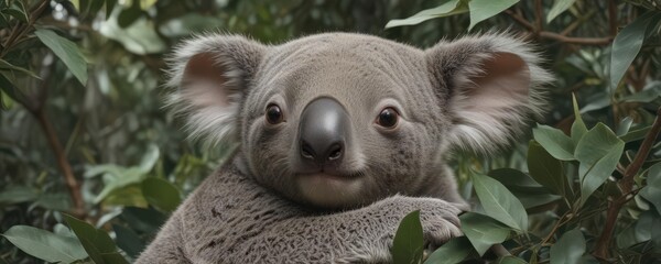 Fototapeta premium Adorable koala joey nestled amongst eucalyptus leaves, seamless repeat , vector pattern, australia, fabric